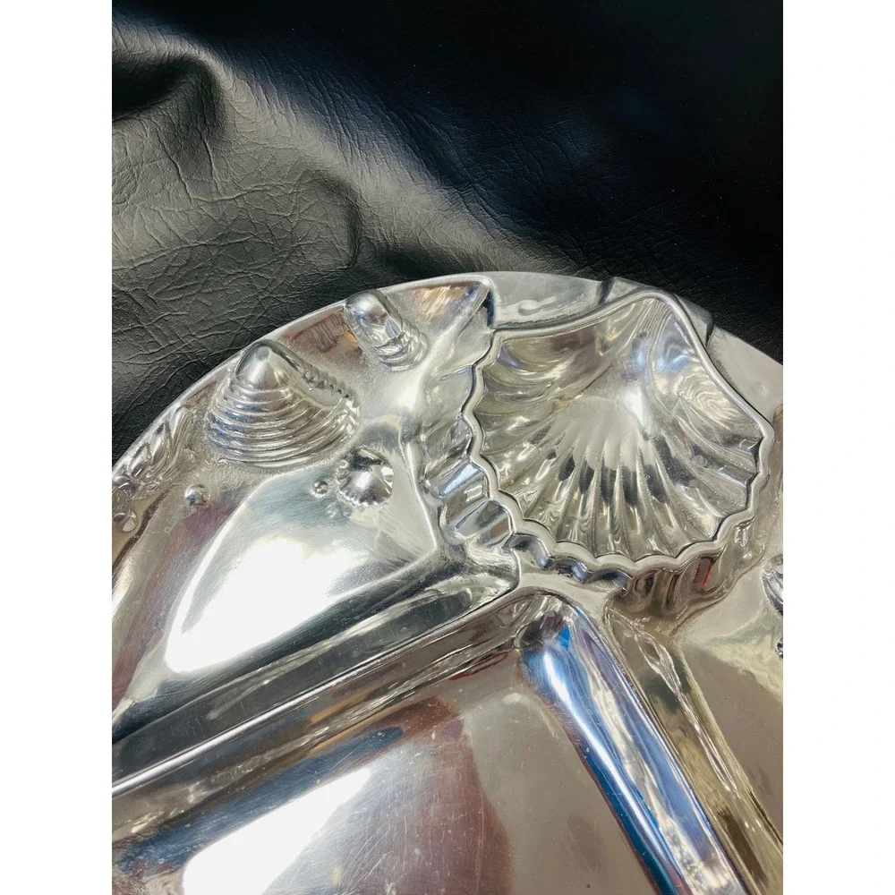 Divided Serving Platter 12in Silver Aluminum Nautical Sea Life Shells Party Tray